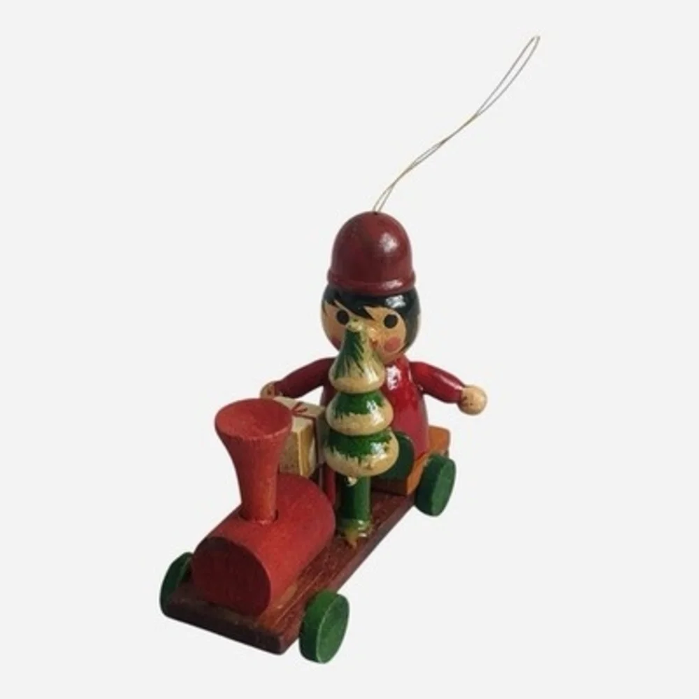 Vintage Handcrafted Wooden Christmas Train Ornament Elf Conductor VG